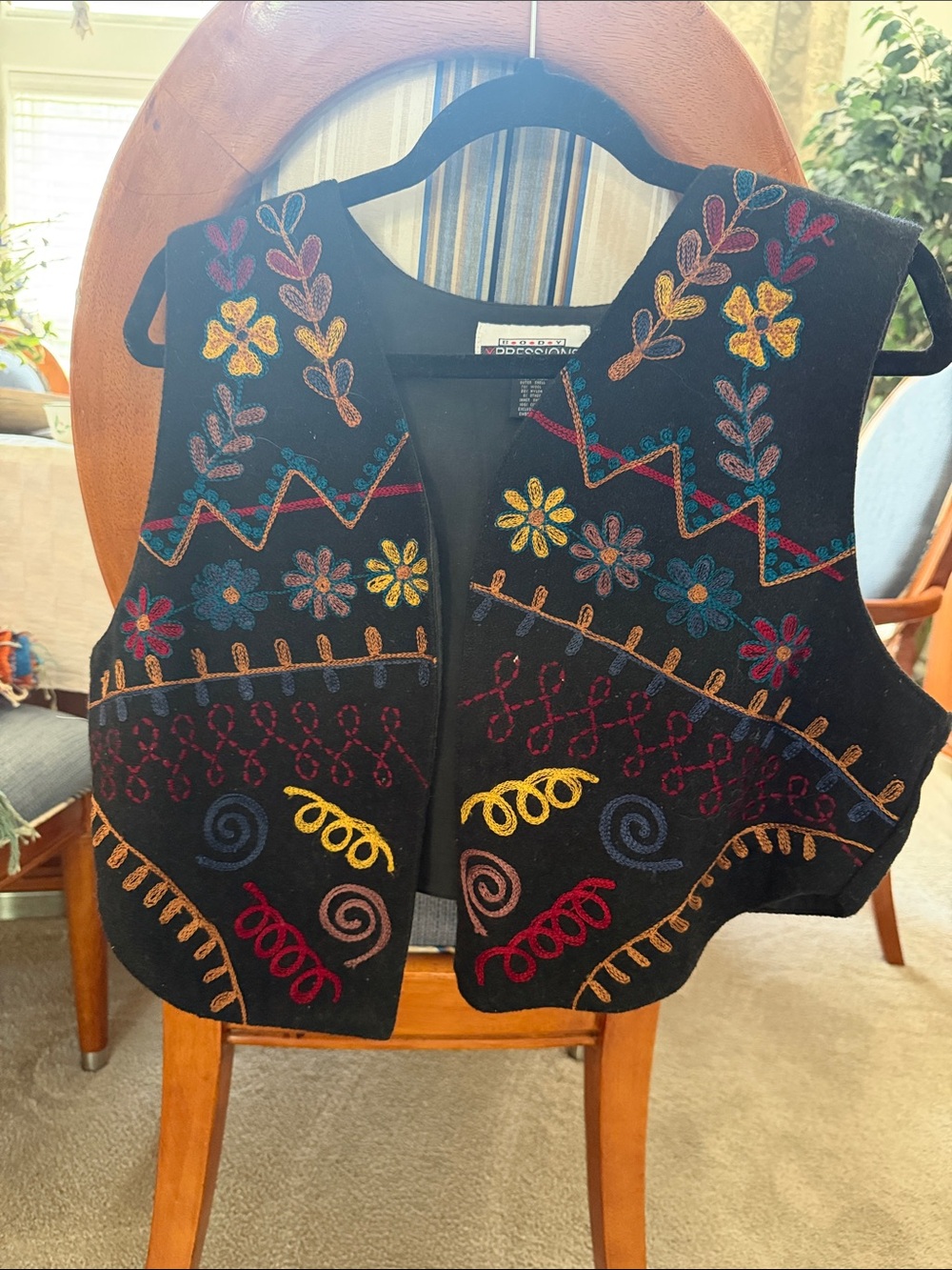 Expressions Black Embroidered Vintage Floral Vest with Multicolor Stitching